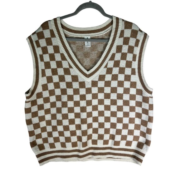 Abound Womens Sleeveless V-Neck Sweater Vest Tan & Ivory Check 1X - Picture 2 of 11